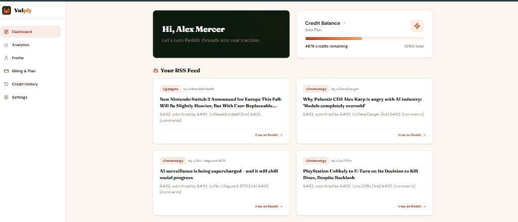 Vulply Analytics Dashboard and Performance Tracking Interface
